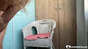 Blonde babe teases to orgasm with dildo