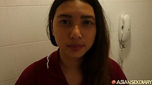 So this thick asian filipina gets bent over doggystyle for creampie fucking in the bathroom