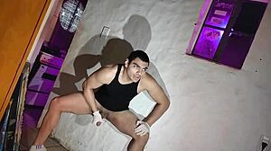 Sexy doctor in cosplay uses gloves for intense session with muscular bodybuilder patient