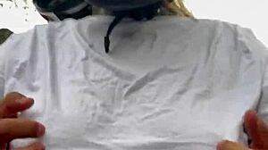 Motogirl grabs passenger, begs him to rub her hard nipples while riding—his cock throbs and explodes all over her!