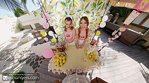 Hot babes in pink panties fuck you in FFM threesome after lemonade