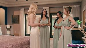 Bride to be Lily Labeau and three bridesmaids Octavia Red Ivy Ireland and Karina Valentina dive into hot lesbian group sex 😏
