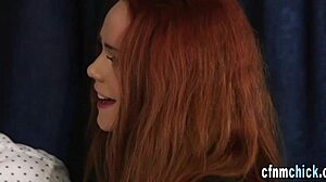 Clothed redhead takes control jerking off blindfolded loser with handjob until cumshot in cfnm femdom scene