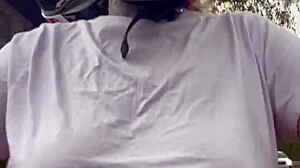 Motogirl grabs passenger, begs him to rub her hard nipples while riding—his cock throbs and explodes all over her!