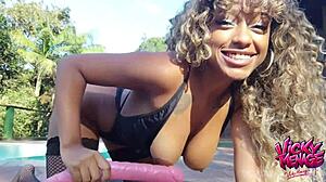 Skinny brazilian ebony teen in lingerie masturbates outdoors with ass worshiping