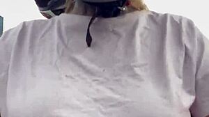 Motogirl grabs passenger, begs him to rub her hard nipples while riding—his cock throbs and explodes all over her!