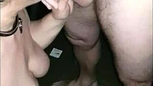 slut milf gets facial cumshot in gloryhole orgy with bondage and maledom humiliation