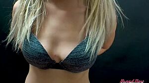 Petite brunette coed Sabrina rubs her tits while sucking hard cock and gets facial cumshot.