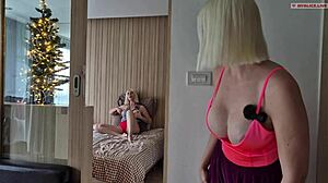 Blonde slut with big tits in Christmas costume demands creampie orgasm from daddy in dirty talk