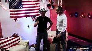 Brunette Milf with Big Tits Sucks Cocks in 4some! Licking Pussy, Riding Cowgirl, Doggystyle Banging Leads to Cum on Tits!