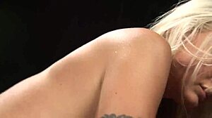 Blonde stripper with big boobs and fishnets sucks licks pussy fucks doggystyle cowgirl