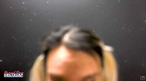 Petite brunette coed Sabrina rubs her tits while sucking hard cock and gets facial cumshot.