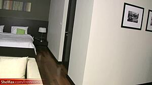 Long haired asian ladyboy strips pink panties to jerk off her big shemale dick