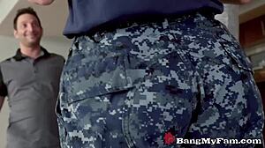 Soldier stepmom Lauren Phillips welcomes her stepson back from tour with blowjob licking pussy riding cowgirl action.