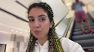 Skinny brunette teen blowjob in public toilet cumwalk