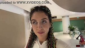 Skinny brunette teen blowjob in public toilet cumwalk