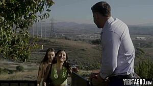 I join celebrity guide in threesome fucking two busty stepsisters with blowjob riding on big cock