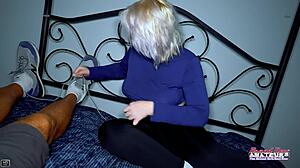 Silver blonde coed Annie Archer contrasts sucking cock with getting her wet hairy beaver fucked doggystyle