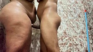 I head over to my neighbor's place and end up pounding her big pussy in the shower, cumming all over her fat ass