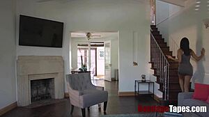 Hey busty brunette, you're my bound slave now with those handcuffs on