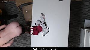 Suspected thief complies with strip search by mall cop in garage punishment scene