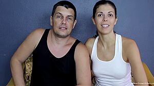 Julia casually stretches in yoga gear before deepthroating her boyfriend's cock in the bedroom.