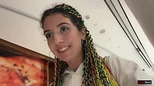 Skinny brunette teen blowjob in public toilet cumwalk