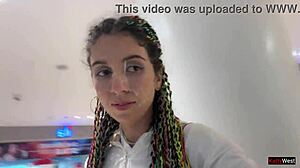 Skinny brunette teen blowjob in public toilet cumwalk