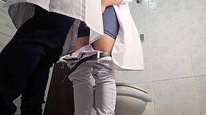 Naughty nurse catches the doctor on duty and gives him an intimate exam in the hospital bathroom. She deepthroats his big cock, gets rough pussy banging, and moans in Brazilian style.