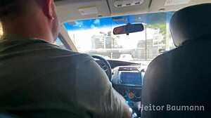 Brunette gave blowjob in car while her husband drove us around