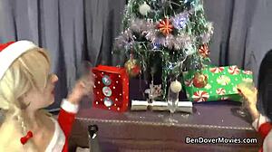 blonde amateur bends over in stockings for festive fun at ben dover's british crib during christmas