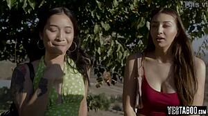 I join celebrity guide in threesome fucking two busty stepsisters with blowjob riding on big cock