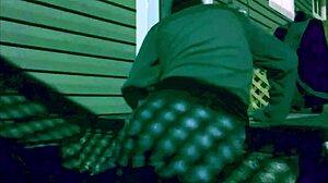 Skinny amateur stretches in leggings at night, creating intriguing lattice shadows on ass and legs during homemade workout.