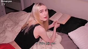 Blonde teen with big natural tits skips reading for rough deepthroat fuck by roommate.