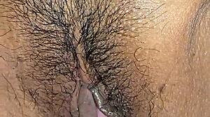 up close mixed interracial couple uses vibrator on hairy pussy for creampie and wet cum covered moans
