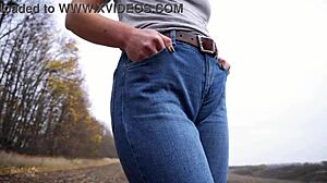 Milf Boldly Teases Massive Cameltoe In Tight Blue Jeans Outdoors Close Up