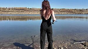 step daughter explores fishing skills in the forest with close-up outdoor views