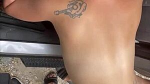 Busty petite 18+ hooker fucks in public then watches as she takes a load of cum in her mouth