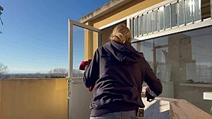 Hot wife and neighbor dive into pussy eating with orgasms in the washing machine room. Amateur Spanish milf blonde gets horny blonde licking close-up.