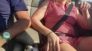 Squirting Hot Blonde Feels Overwhelmed Dildo Fucking Herself In Convertible On Highway