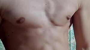 Skinny flexible boy shows off muscular body after study session