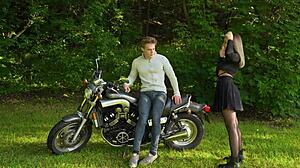 Amateur blowjob and doggystyle fucking on motorcycle in public park with cumshot