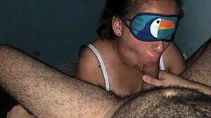 Why is this cock sucking slut blindfolded while licking balls?