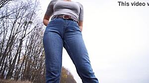 Milf Boldly Teases Massive Cameltoe In Tight Blue Jeans Outdoors Close Up