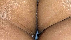 up close mixed interracial couple uses vibrator on hairy pussy for creampie and wet cum covered moans