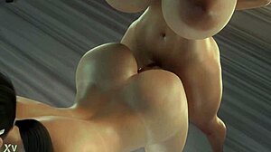 two futanari fuck doggy style with big tits bent over and cumshot