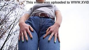 Milf Boldly Teases Massive Cameltoe In Tight Blue Jeans Outdoors Close Up