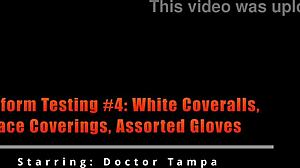 What happens behind the scenes with uniform testing in white coveralls face coverings and assorted gloves for daddy POV?