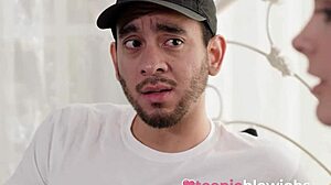 Naughty petite teen Aften Opal distracted by massive cock!