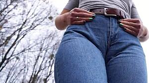Milf Boldly Teases Massive Cameltoe In Tight Blue Jeans Outdoors Close Up